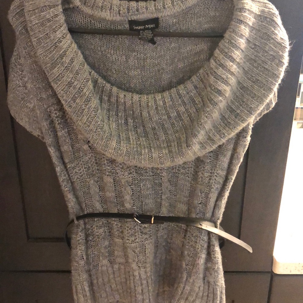 Gray belted sweater
